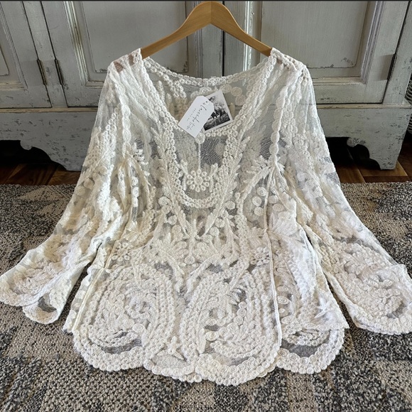 New White Lace Long Sleeve Gypsy Boho Blouse Top Feminine Sexy Wedding Beach - Picture 3 of 7